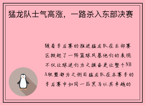 猛龙队士气高涨，一路杀入东部决赛